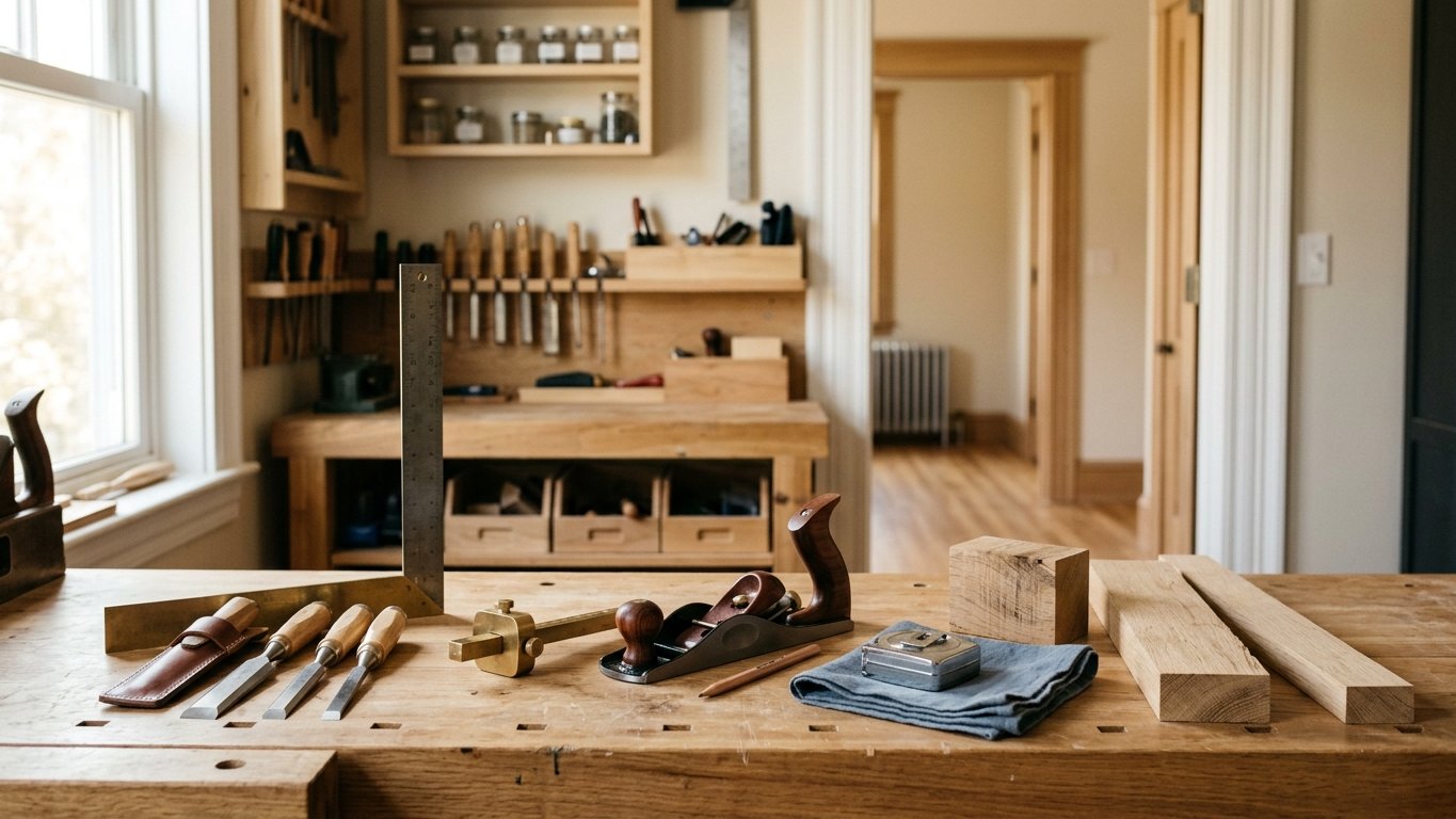 An organized craftsman's workbench with well-kept hand tools and white-oak offcuts