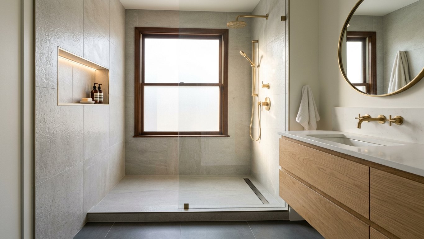 Renovated bathroom with tiled walk-in shower and new vanity near Boston