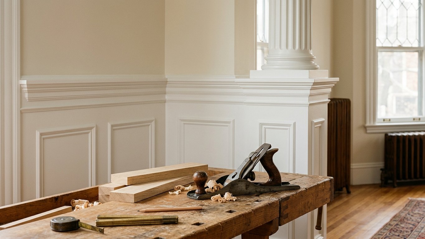 Custom white-oak trim, wainscoting, and crown molding in a Boston home