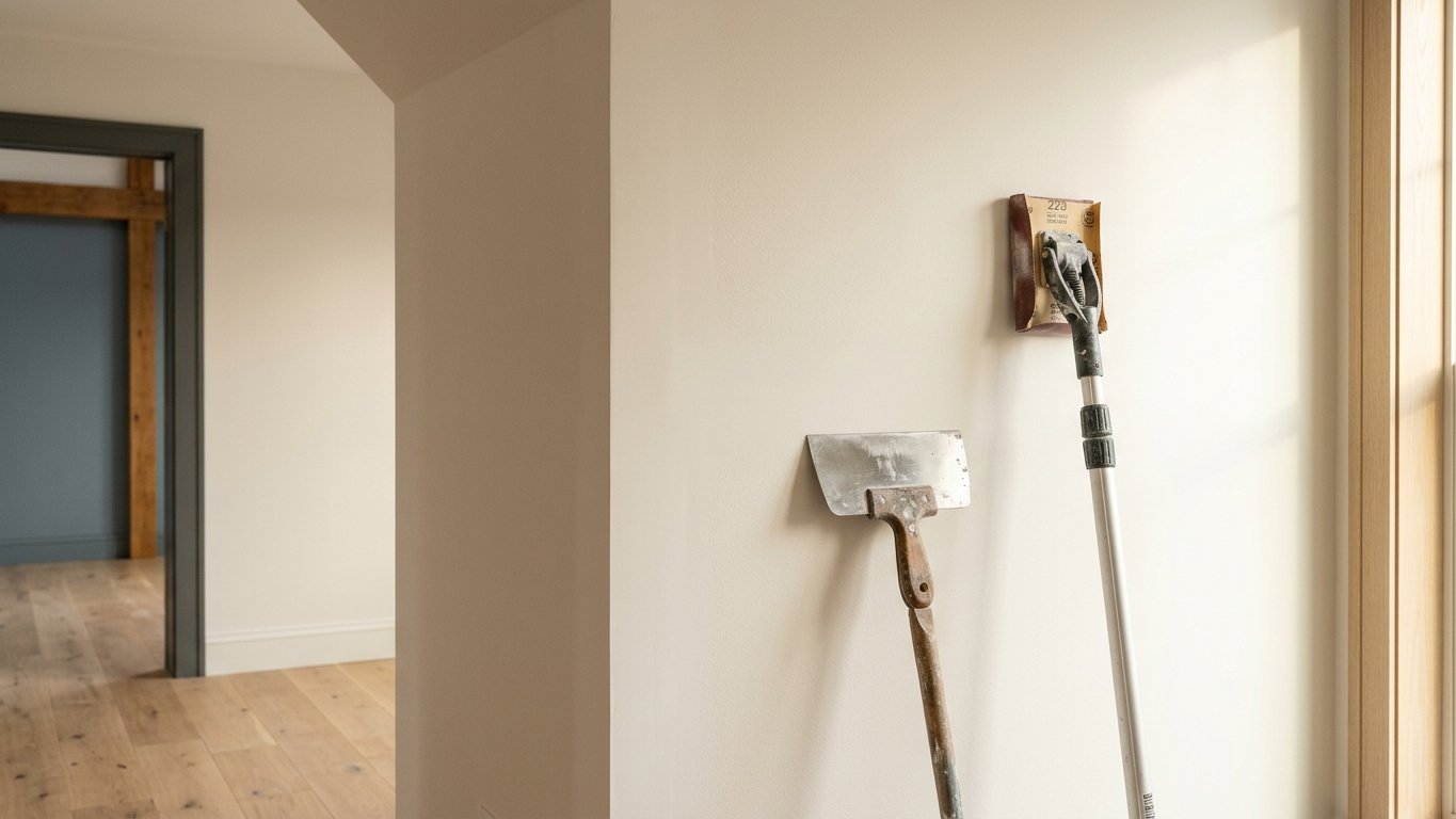 Smooth, paint-ready drywall wall and ceiling in a Boston home renovation
