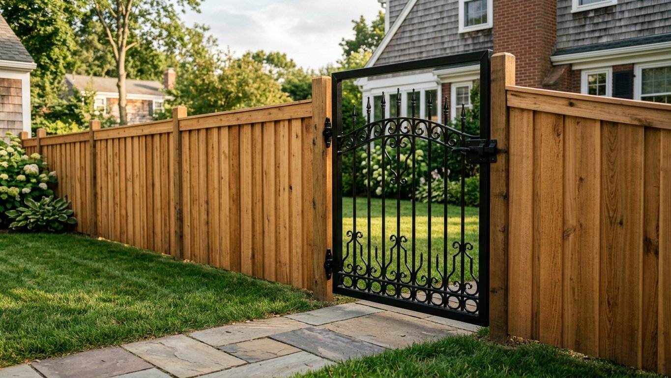 New wood privacy fence installed along a Boston-area backyard