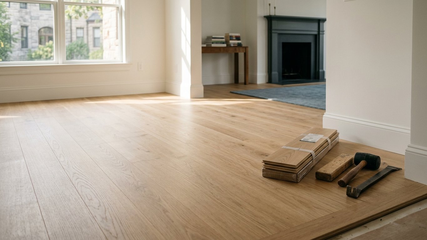 Freshly installed white-oak hardwood flooring in a sunlit renovated Boston room