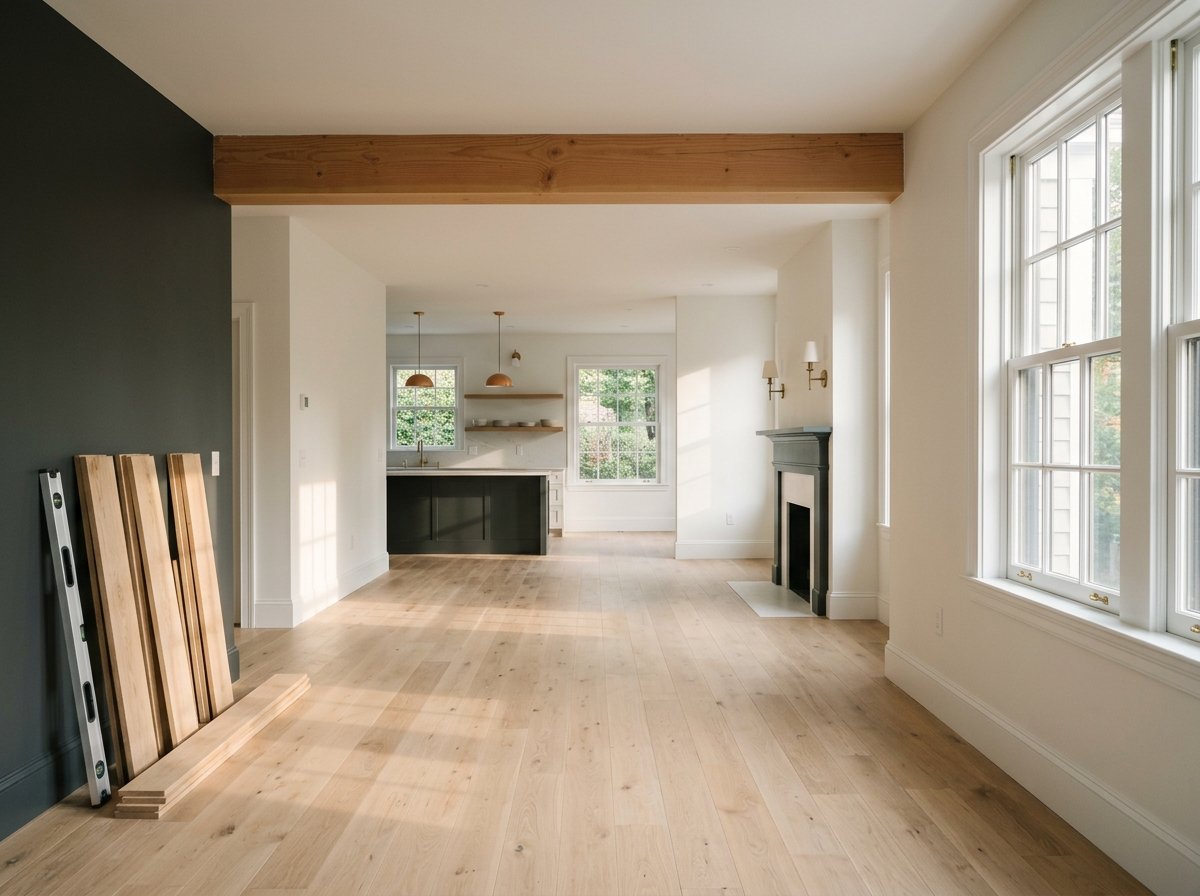 Finished open-plan living room in a renovated Greater Boston home with white-oak floors and fresh trim