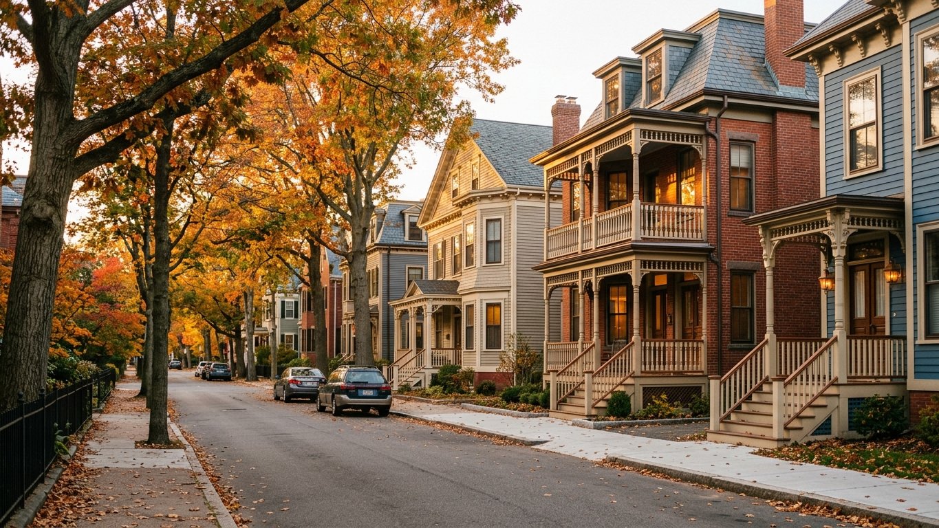 Row of classic homes on a tree-lined Greater Boston neighborhood street