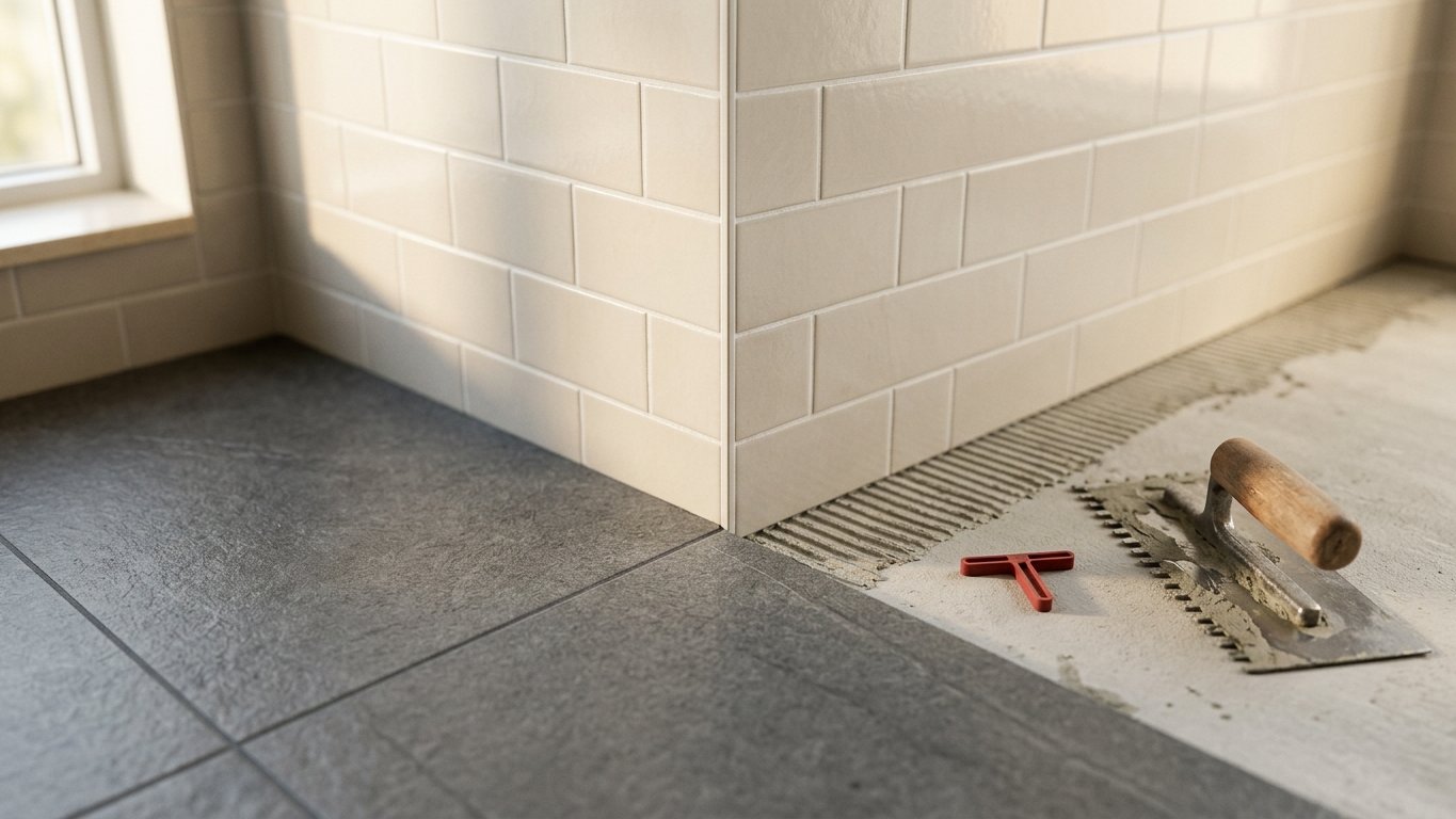 Porcelain tile floor and wall with even grout lines in a Greater Boston bathroom